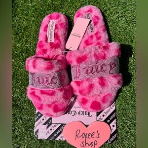 Juicy Couture Pink Fur Leopard Bling Slippers